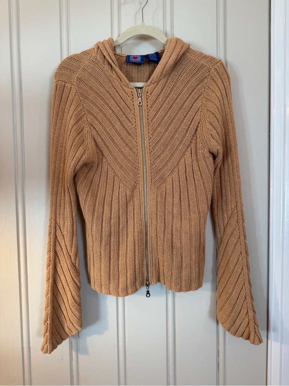 Y2K Next Era Tan Ribbed Knit Zip Hoodie Sweater L Bell Sleeve Boho